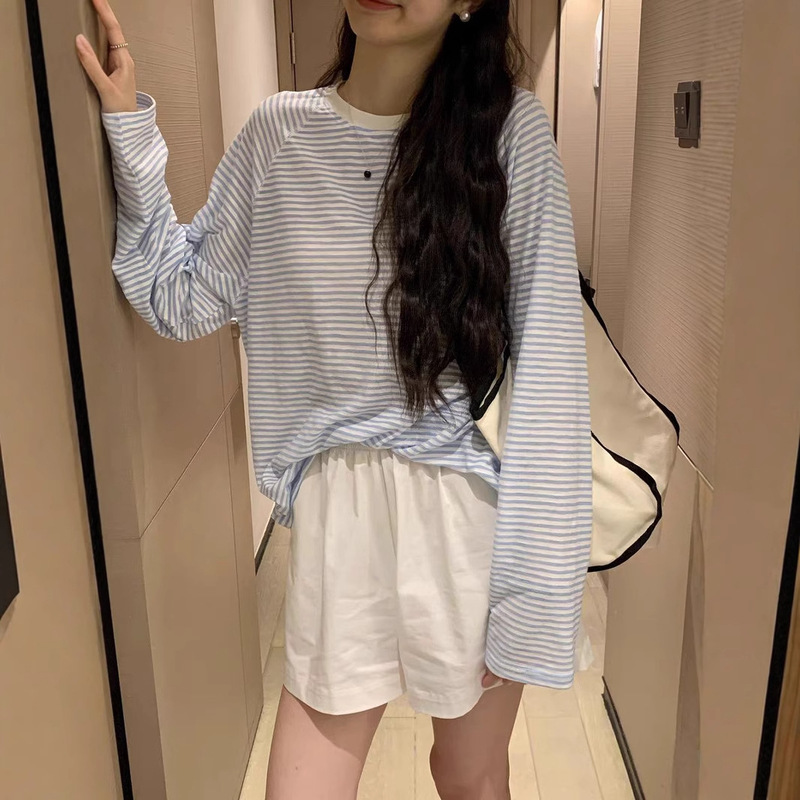 Korean-style Striped Long-sleeved Sunscreen T-shirt Women's Summer Thin Round Neck All-match Laid-back Style Loose Sunscreen Blouse Top