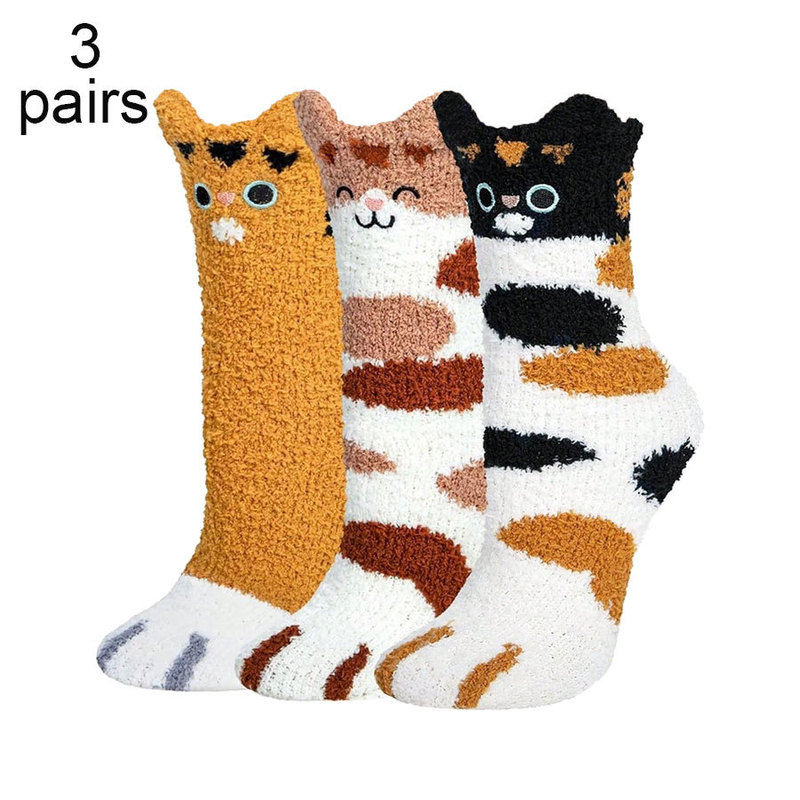 Women's Warm Coral Fleece Socks Cartoon Cat Pattern Winter Home Sleep Socks Stuffed Fluffy Mid-Tube Socks