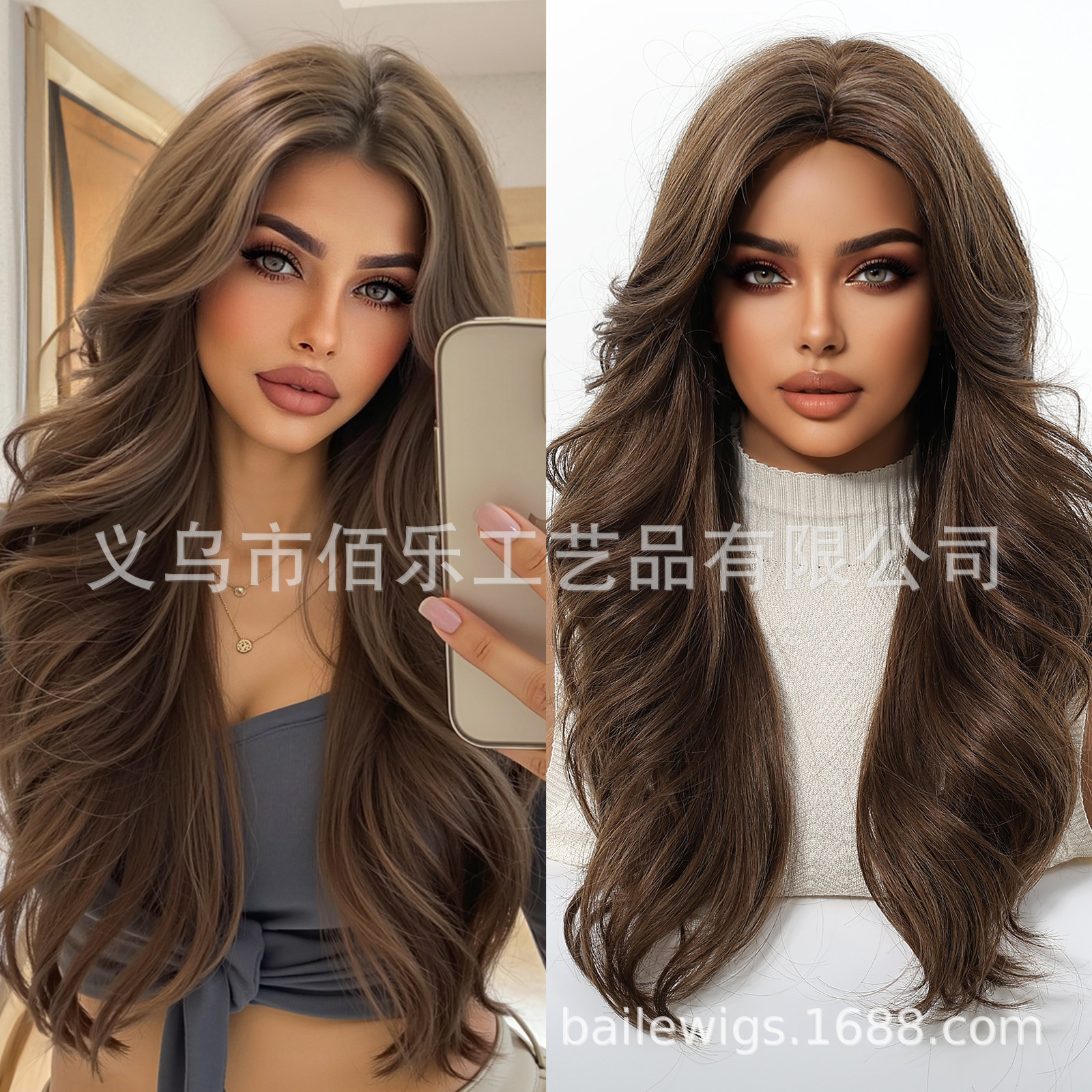 Peluca marrón natural, cabello rizado de longitud media, cubierta de cabeza completa, fibra química, wigs femeninos, Europa y América, spot transfronterizo al por mayor