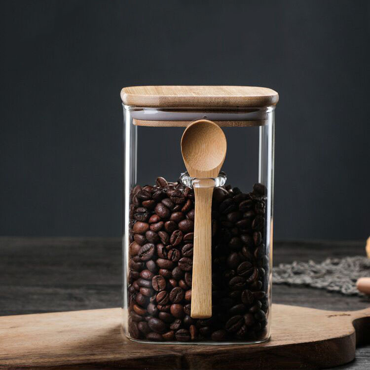 Hogar Granos de vidrio tarro de almacenamiento snack sellado tarro de vidrio cuadrado tarro de té con cuchara botella sellada