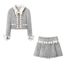 深圳南油2025冬女装复古撞色蝴蝶结毛呢外套半身裙套装S250991