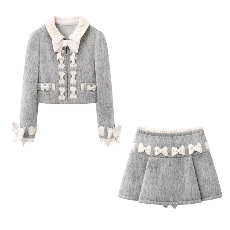 深圳南油2025冬女装复古撞色蝴蝶结毛呢外套半身裙套装S250991