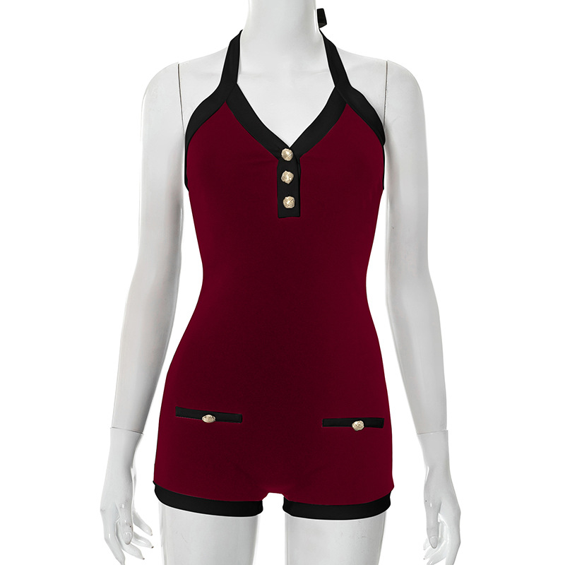 J25RP090 Ropa de mujer de comercio exterior europeo y americano con cuello en V en contraste, cuello halter con cordones, botones sin espalda, súper pantalones cortos, mono