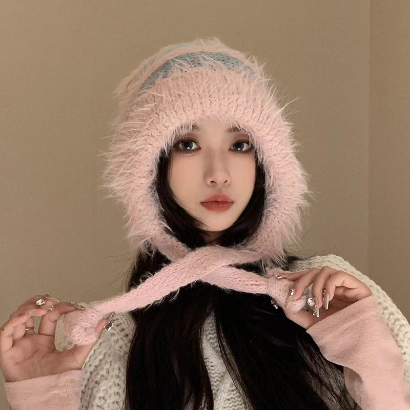 渐变色毛绒针织帽女秋冬季保暖护耳套头帽可当包包可爱彩色毛线帽|undefined