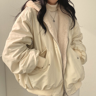 Korean chic Casual Elegant Loose Fleece-lined Thickened Two-sided Wearing Lamb Wool Cotton-padded Coat Women's Coat Autumn and Winter Cotton-padded Coat