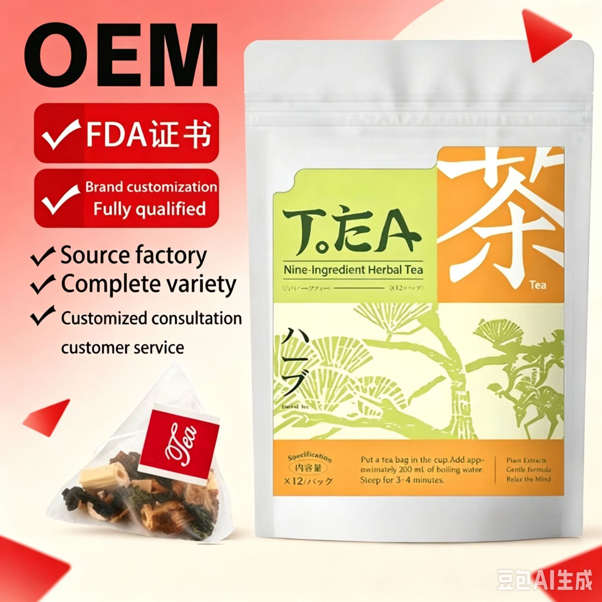 Nine Herb Blend Tea Jiu Wei Cao Ben Cha Triangle Tea Bags 5g x 12 Sachets Sugar Free Floral Herbal Tea overview