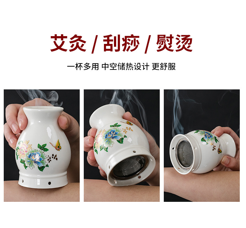 Ceramic Moxibustion Cup with Gua Sha Edge Double Layer Massage Jar for Body Care 10.2 x 7.4 cm quality and texture