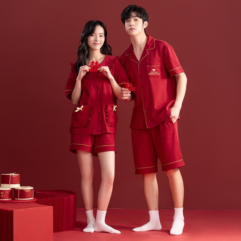 Pajamas for wedding and wedding couple suit Red pure cotton men's and women's short-sleeved summer love couple pajamas summer