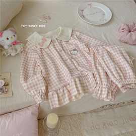 大小卷女童睡衣套装春秋款A类纯棉女孩凯蒂猫卡通开衫家居服