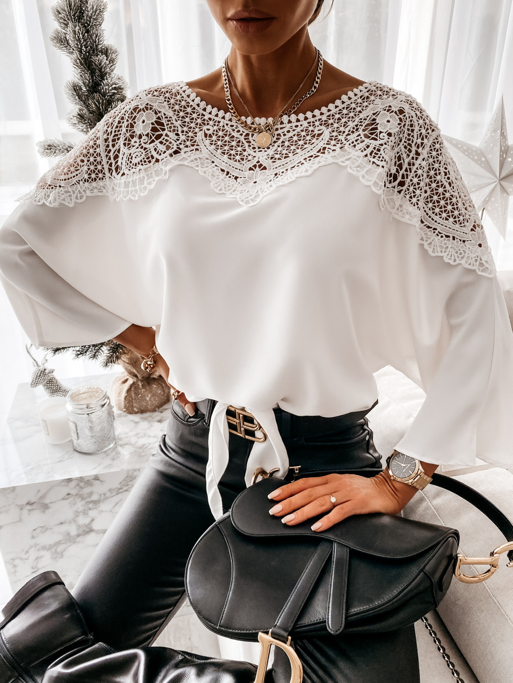 solid color long-sleeved lace shirt NSAXE43939