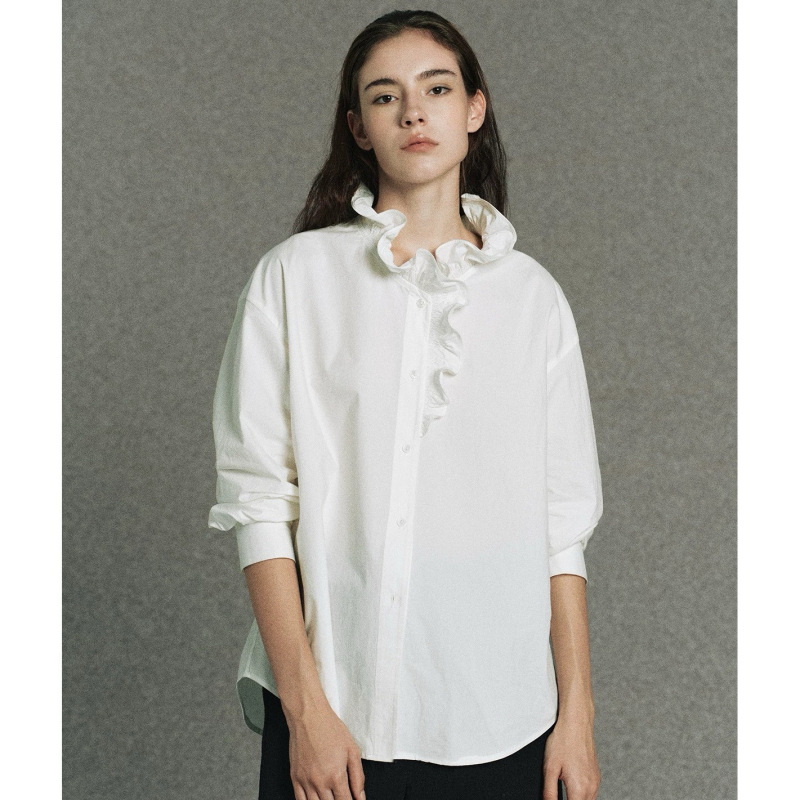 1Oo% High-Density Textured Long-Staple Cotton Baroque Retro Wave Ruffle Lace Stand-Up Collar Shirt 34237