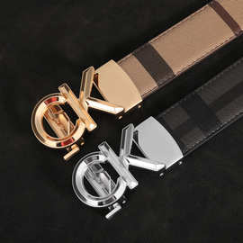 字母格子纹男士皮带商务休闲合金自动扣腰带百搭裤带欧美风轻奢风