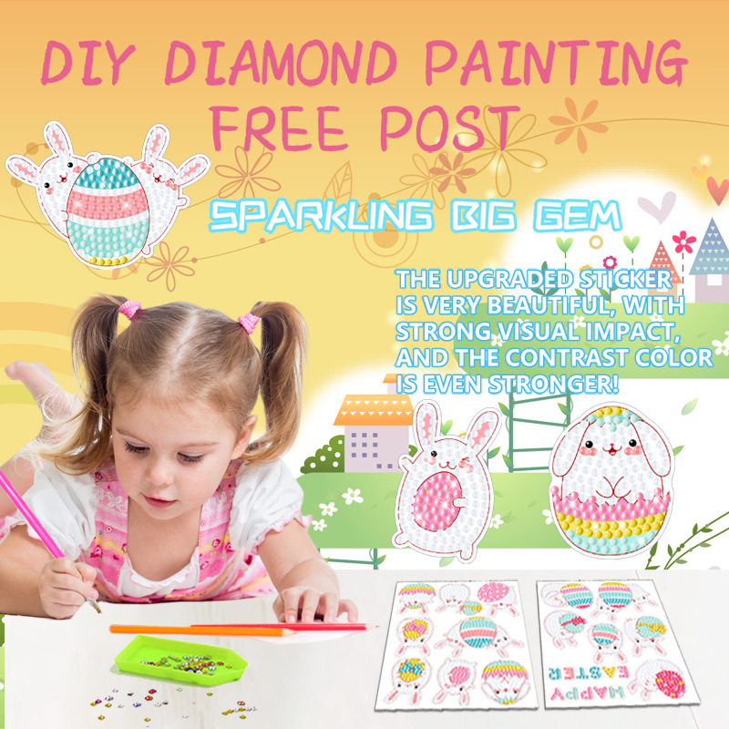 Venta caliente de dibujos animados huevo conejo diamante pintura libre pegatinas DIY pegatinas de pared niños hechos a mano pegatinas diamante redondo