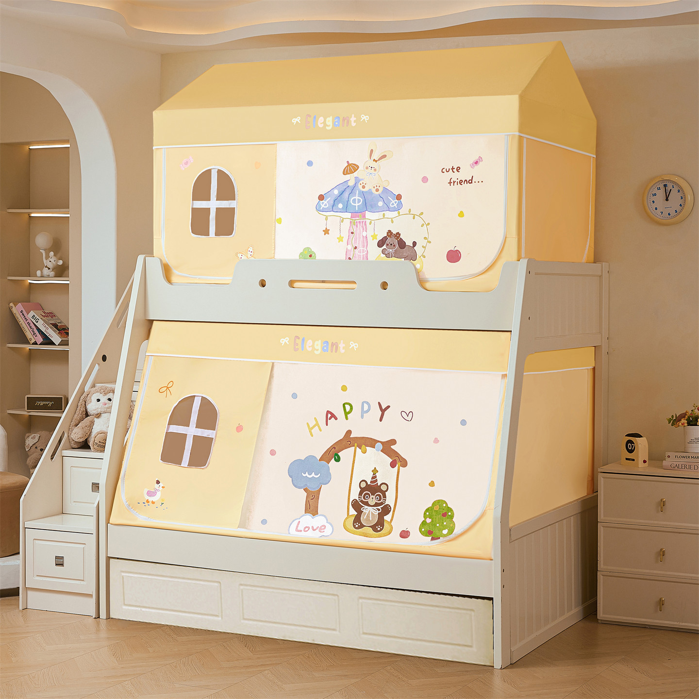 Cama de tipo A con ventanas de dibujos animados para niños y niñas, cama de mosquiteros reforzada para evitar la caída de la cama cortina de cama para niños y niñas