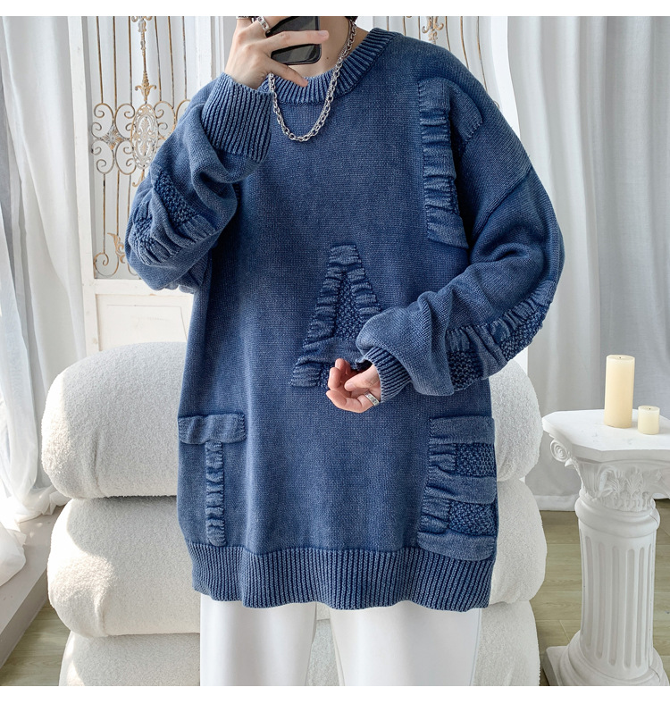 Men's Oversized Knit Sweater Round Neck Streetwear Pullover_voghion.com