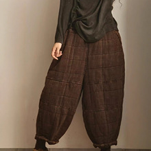 复古炒色格子棉裤女2025冬新款宽松百搭松紧腰拼接加棉哈伦裤长裤