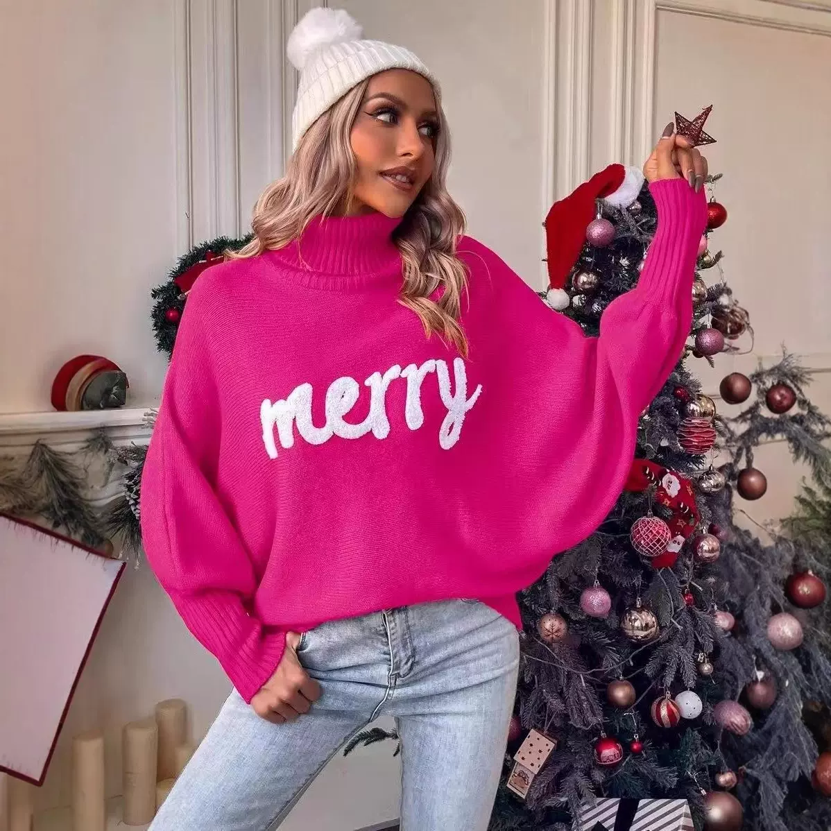 新款跨境亚马逊蝙蝠高领圣诞情人节女装秋冬针织衫套头宽松毛衣