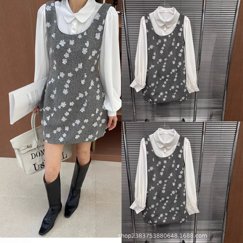 Real Shot~ Early Spring Style Puff Sleeve Layered Collared Shirt + Heavy Sequined Sleeveless Tank Dress Fashion Set