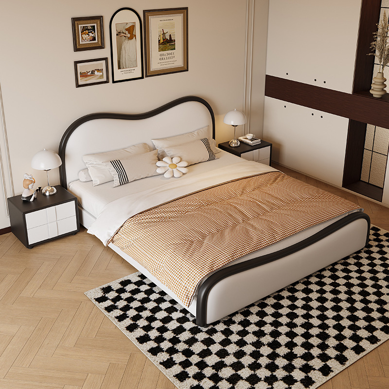 French retro ecological master bedroom double wooden bed modern minimalist wooden cream wave soft bag bed