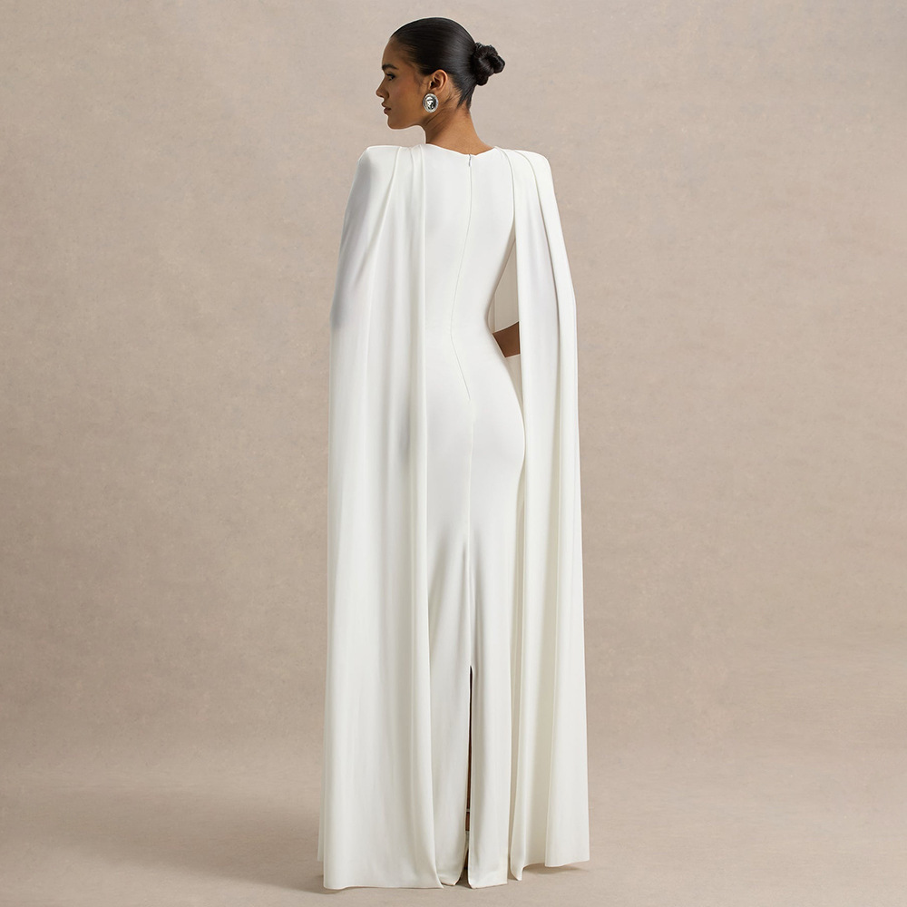 Elegant Women's Party Dress With Pleated Cape - Round Neck Solid Color Maxi Dress For Banquet & Evening Occasions_ecoleips.com