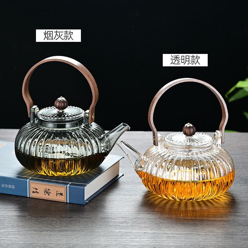 日式南瓜提梁壶高硼硅玻璃泡茶壶电陶炉加热烧水壶蒸煮一体花茶壶