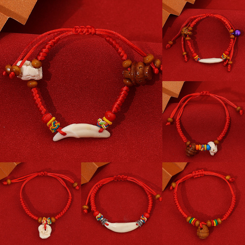 Baby's Anti-Scare Bracelet Children's Peach Blue Pig Bones Braided Hand Rope This Life Year Dog Teeth Stunned Bracelet