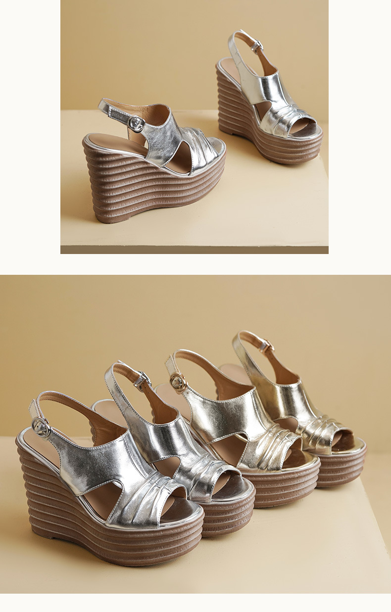 Sandal cao gót nữ hở mũi đế xuồng gót siêu cao 9 cm quai hậu kiểu La Mã — màu vàng, bạc chi tiết 6