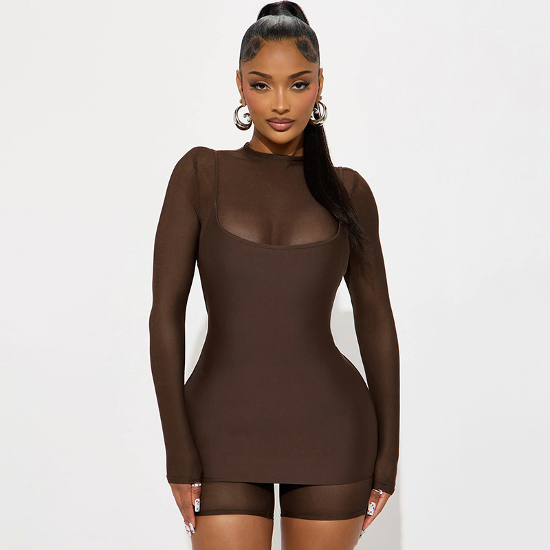 Europa y los Estados Unidos de la ropa de mujer 2025 otoño nuevo color sólido de malla de manga larga empalmado jacket vestido de cinturón conjunto al por mayor image 8