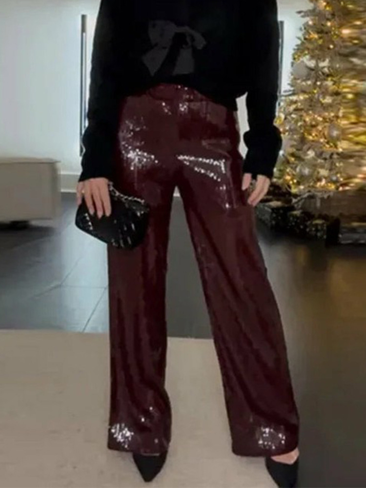 Temperamento de color sólido, pantalones de piernas anchas de lentejuelas, 2025 primavera y otoño, nuevos pantalones de mujer, moda suelta, estilo europeo y americano transfronterizo.