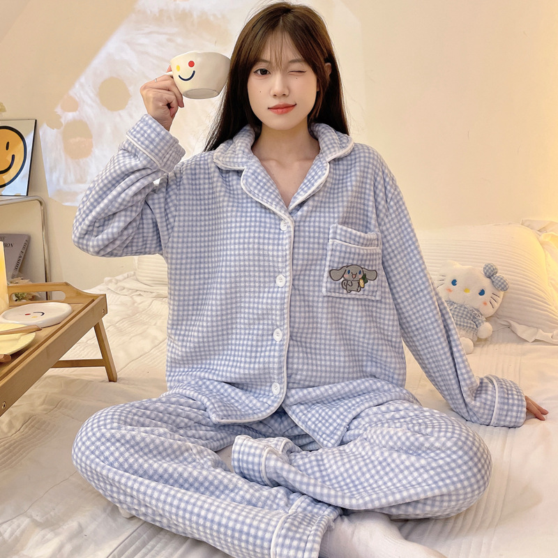 파란 격자 무늬 산호 양털 파자마 귀여운 옥 구이 개 여성의 가을과 겨울 두꺼운 플란넬 홈 옷 리얼 샷 도매