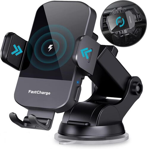 Car Phone Mount 15W Wireless Charger Tri-Axis Swivel Automatic Clamping Metal Arm Holder