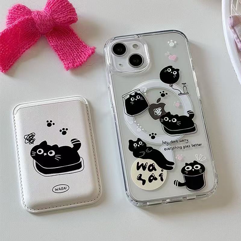 Black Cat Apple Magsafe Suitable Card Holder Iphone15Promax Apple Magnetic Phone Case Acrylic