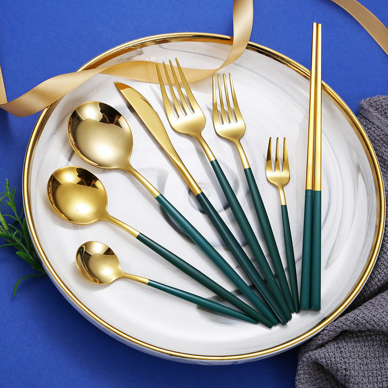 Portugal 304 stainless steel knife, fork and spoon chopsticks Internet celebrity Green Gold Fork chopsticks Western steak knife and fork dessert tableware Portugal 304 stainless steel knife, fork and spoon chopsticks Internet celebrity Green Gold Fork chopsticks Western steak knife and fork dessert tableware