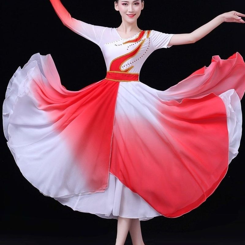 女性用クラシックダンスパフォーマンス服、中国風コンテンポラリーダンス服、ファンダンススーツ、大人用スイングスカート、エレガントで雰囲気のある|undefined