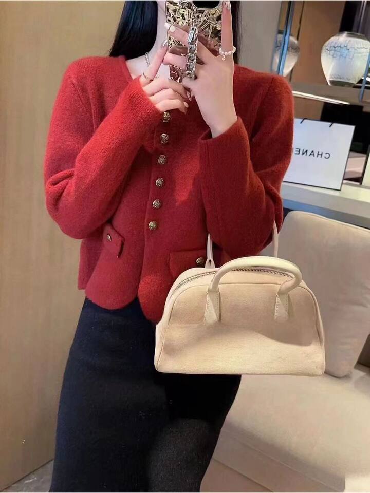 Áo khoác cardigan nữ dáng ngắn cổ tròn tay dài phong cách thanh lịch — Màu hồng [Chất lượng cao], Màu thẻ sáng [chất lượng cao], Màu đỏ [Chất lượng cao], Trắng [Chất lượng cao] chi tiết 4