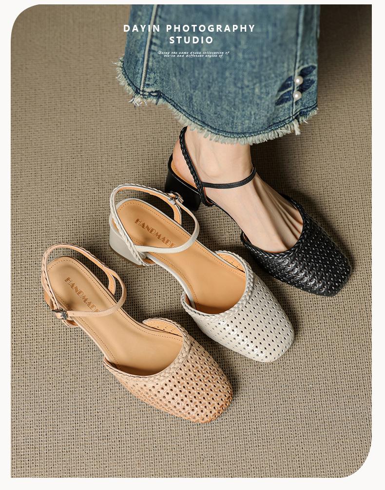 Giày sandal cao gót nữ quai ngang mũi tròn da bò, gót 5 cm — đen chi tiết 1