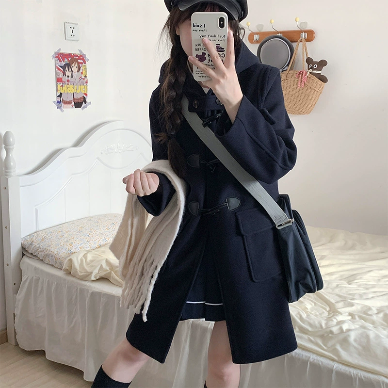 Зима 2023 Новое школьное шерстяное пальто JK, осенне-зимнее новое универсальное пальто средней длины в студенческом стиле с роговой пряжкой
