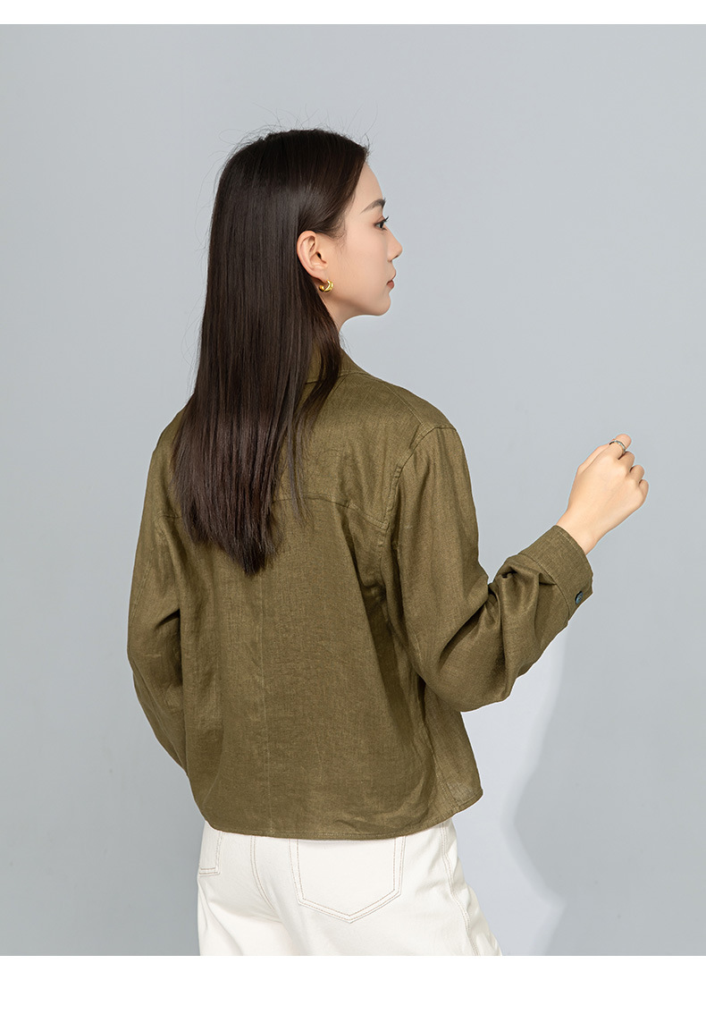 Áo sơ mi nữ vải lanh mỏng cổ polo tay dài rộng rãi phong cách xuân hè — Xanh ô liu chi tiết 22