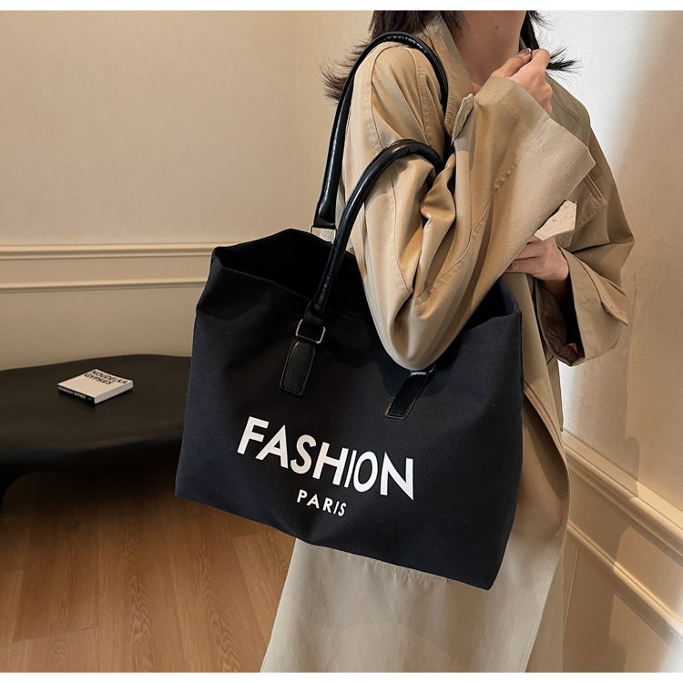 262g Weight Polyester Lining Material Open Closure Type Single Shoulder Strap Strap Type Tote Bag Bags Type Holiday, Daily Occasion Canvas Material Letter Pattern All Seasons Season Women's Gender Classic Style Style Square Shape Large Size Women's Large Canvas Letter Classic Style Square Open Tote Bag 22