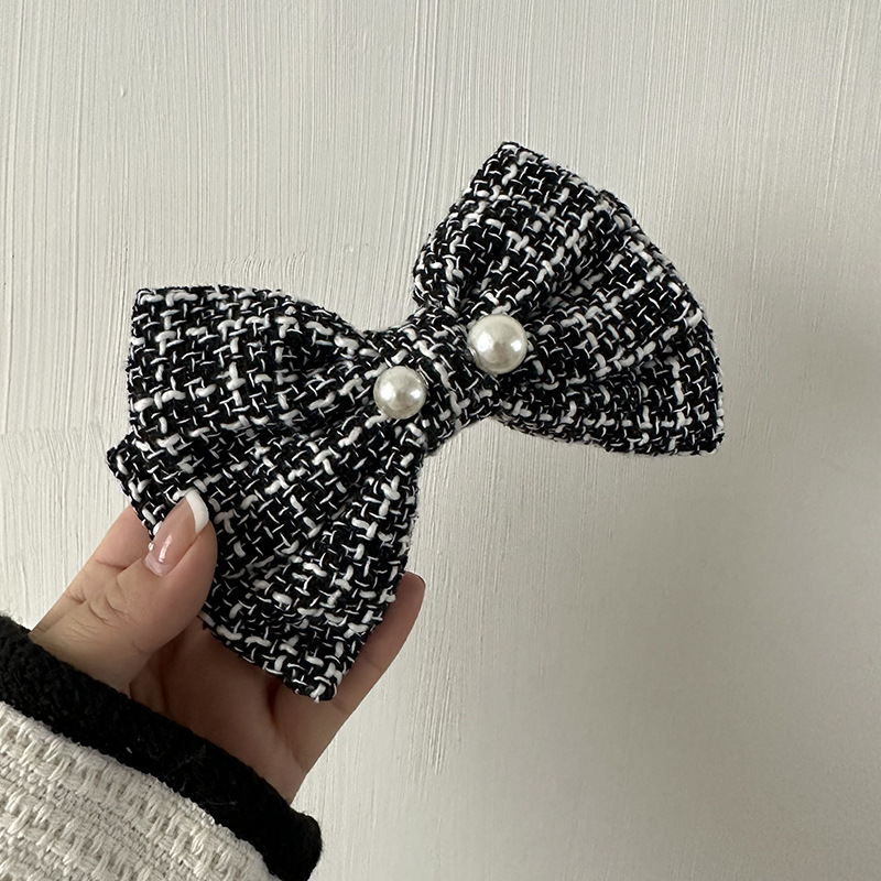 Französisches Karomuster, große Perle, Schleife, schwarz-weiß, Kopfbedeckung, Haarnadel, elegantes Hinterkopf-Frühlingsoberteil, kariertes Herbst- und Winterhaar_voghion.com