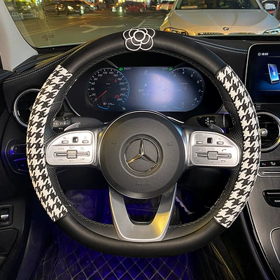 houndstooth car handle cover ladies – Steering wheel cover - camellia-houndstooth-leather-stitching-round-38cm