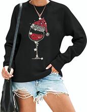 W 79755 Christmas Hat Wine Glass Print Sweatshirt �}�Qñ�l��