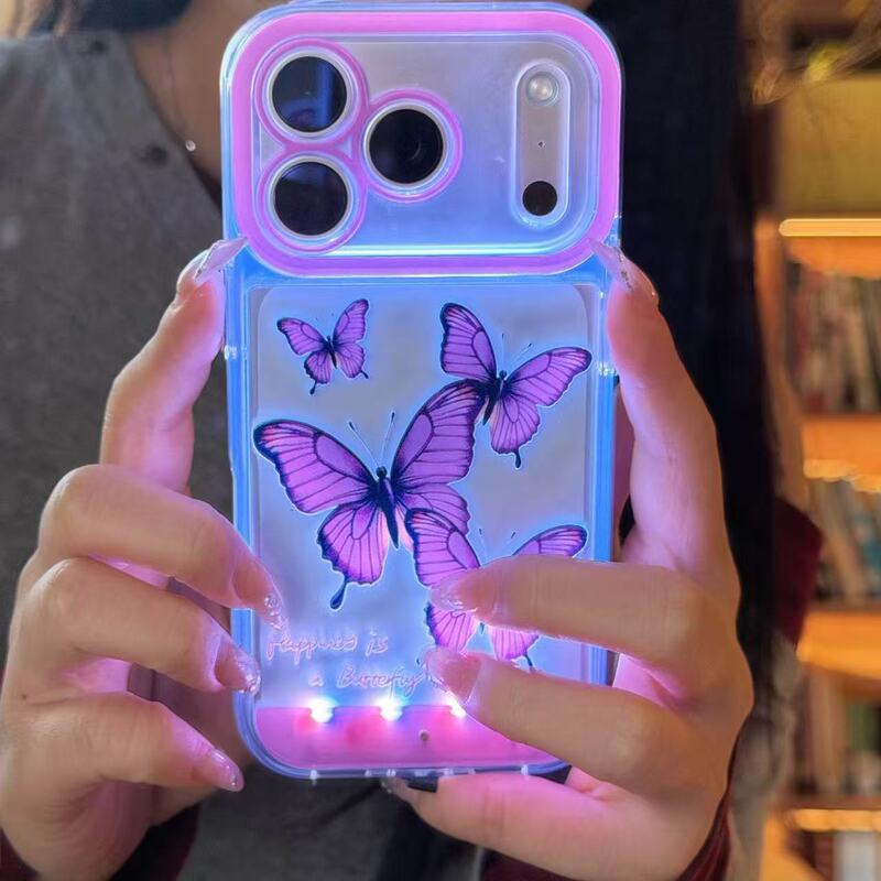 Cross-Border Call Flash Purple Butterfly Case for iPhone 17, Sound-Activated Sensor Light-Up Protective Cover for Apple 16 Cross-Border Call Flash Purple Butterfly Case for iPhone 17, Sound-Activated Sensor Light-Up Protective Cover for Apple 16
