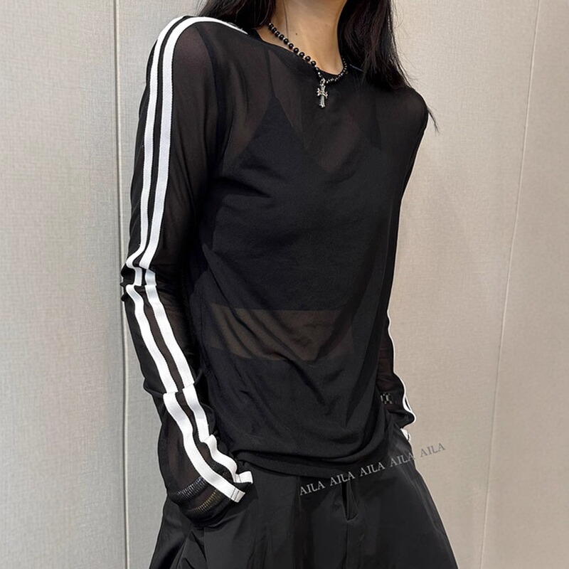 Pure Desire Chic Unique Long Sleeve Sun Protection Blouse for Hot Girls Sexy Mesh Stripe Splicing Design Niche Top