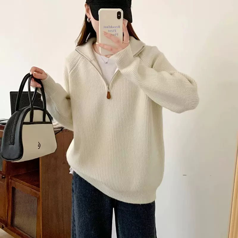 跨境休闲半拉链套头毛衣女2025秋冬新款宽松软糯插肩袖针织衫上衣