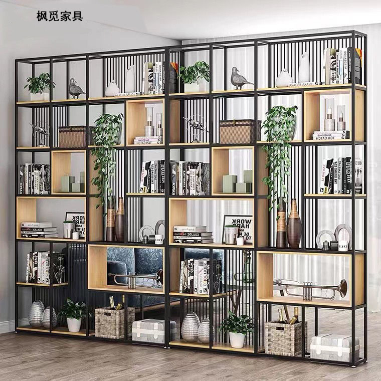 American Style Iron Storage Rack Floor Office Screen Partition Cabinet Hollow Display Rack Living Room Multi-Layer Solid Wood Bookshelf