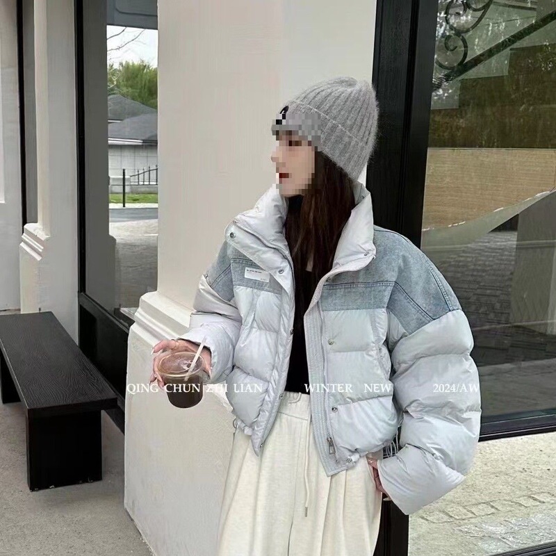 White Duck down Denim Splicing down Jacket Women's Short Winter Contrast Color Stand Collar White Duck down Korean Style Fashion Jacket White Duck down Denim Splicing down Jacket Women's Short Winter Contrast Color Stand Collar White Duck down Korean Style Fashion Jacket