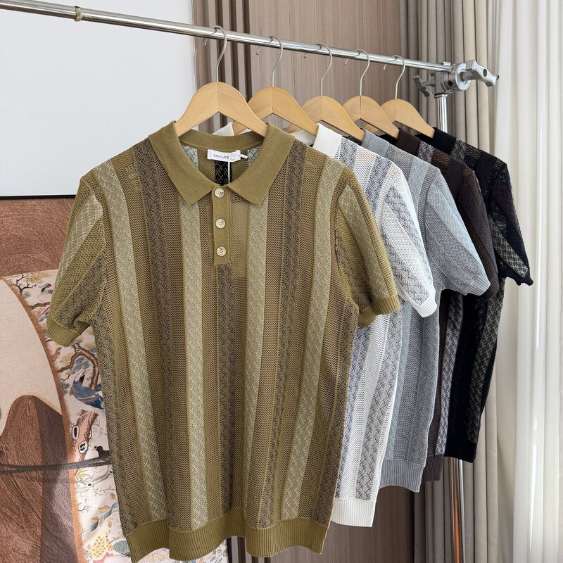 Old Money Style! Striped Color-Blocking Spring/Summer Men's Jacquard Knit Three-Button Turn-Down Collar Short-Sleeve Polo Shirt Old Money Style! Striped Color-Blocking Spring/Summer Men's Jacquard Knit Three-Button Turn-Down Collar Short-Sleeve Polo Shirt