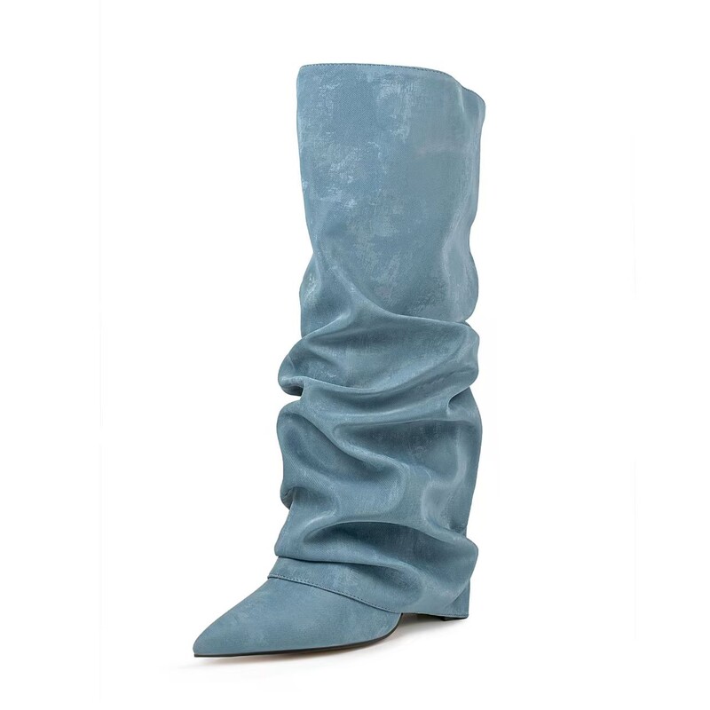 Cross-Border Foreign Trade European and American Style Silk Pile Boots New Pointed Toe Thick Heel Sleeve Pleated Heel Knee Boots