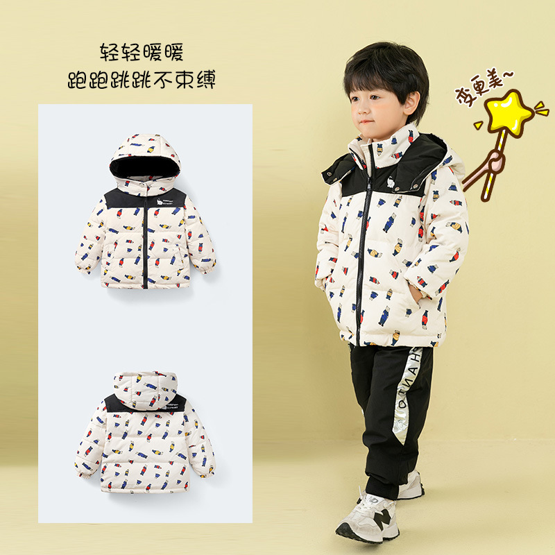 2022 new autumn and winter new medium and large children's clothing for boys and girls, color block printed plaid hooded thickened down jacket